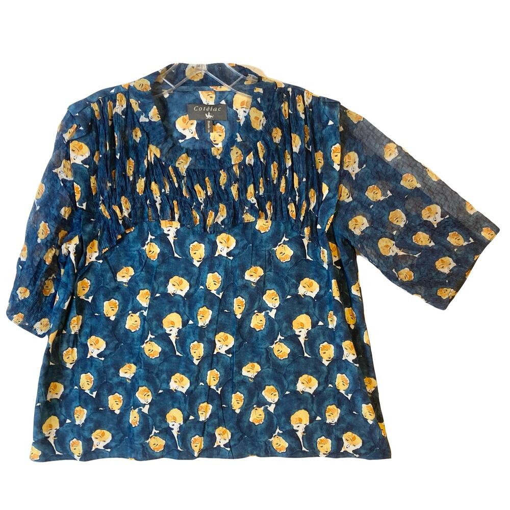 COTELAC Top 0 Blue Yellow Face-Print Pleated Crinkle Ruffle Short-Sleeve